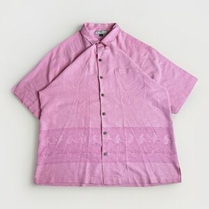 Tommy Bahama Shirt Mens XL Pink 100% Silk Embossed Hula Dancers Hawaiian Cruise